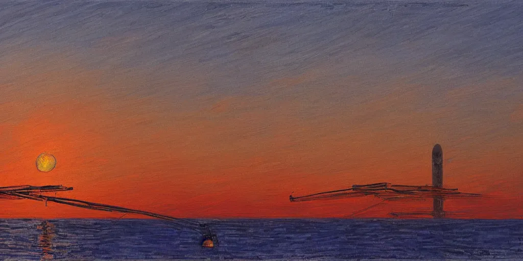 Image similar to Landing of a Falcon 9 booster in the style of Monet, sunset, landing legs deployed, SpaceX