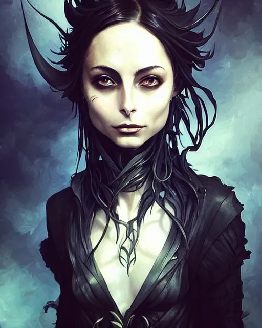 Prompt: style of ellen jewett, artgerm : : gorgeous willa holland : : evil witch, swirling black magic, black dress : : symmetrical face, symmetrical eyes : : full body pose : : gorgeous black hair : : magic lighting, low spacial lighting : :