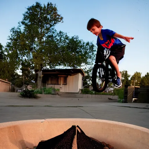 Image similar to kid jumping his bmx over a fire pit