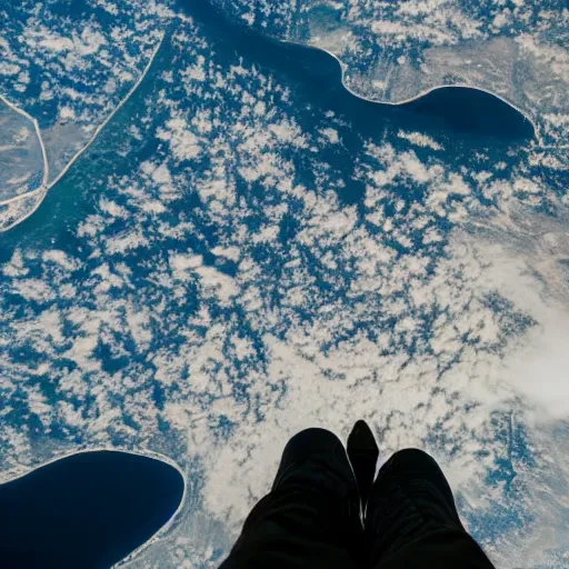 Image similar to pov without fisheye distortion of a giant looking down the earth from above the earth atmosphere