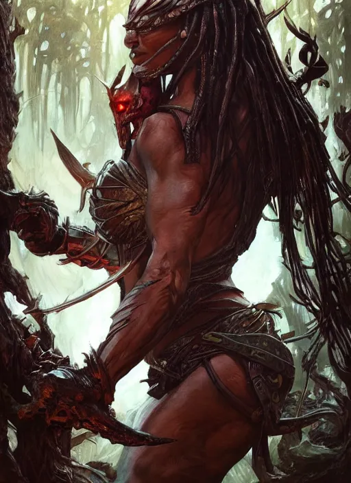 Image similar to The Predator, warrior scene, fantasy, intricate, elegant, highly detailed, digital painting, artstation, concept art, smooth, sharp focus, illustration, fine art by artgerm, greg rutkowski, alphonse mucha