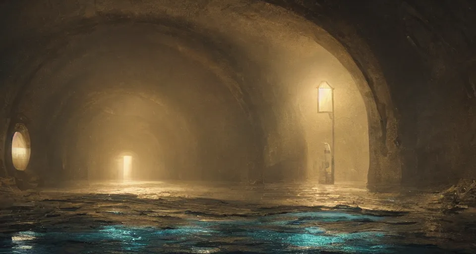 Image similar to a beautiful landscape painting, a single lane tunnel with overhead lights, a water monster stands in the shadows, by sam guay, moody lighting, hyperrealism, 4 k, octane render