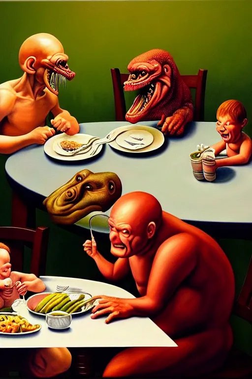 Prompt: a hyperrealistic painting of a chimeric creature sitting down at dinner table with happy suburban family on a sunday night while dad reads a newspaper, by chris cunningham and richard corben, highly detailed, vivid color,