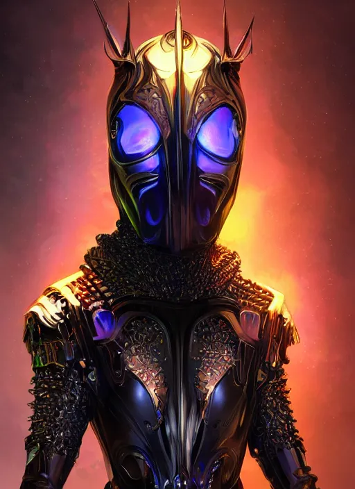 Prompt: the omnipotent assassin, vivid award winning digital artwork, intricate black sharp hooded cybernetic athletic body armor, beautiful iridescent colors, technology cloak, ornate gothic baroque spikes, glowing face, detailed realistic, ray tracing, colored gems, character art by wlop and greg rutkowski and artgerm