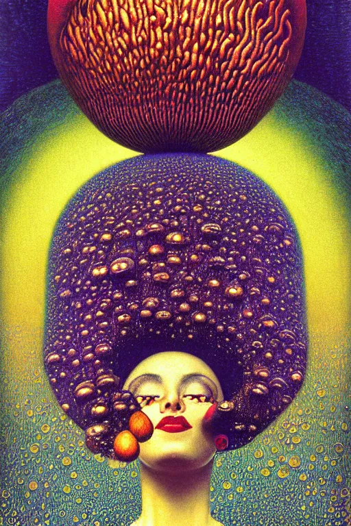 Image similar to art deco close up portait of mushroom head with big mouth surrounded by spheres, rain like a dream digital painting curvalinear clothing cinematic dramatic fluid lines otherworldly vaporwave interesting details epic composition by artgerm moebius francis bacon gustav klimt