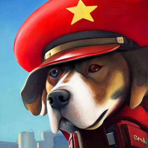 Prompt: Portrait painting of a antropormophic Red Dog using a communist red beret as an Overwatch character, medium shot, asymmetrical, profile picture, Organic Painting, sunny day, Matte Painting, bold shapes, hard edges, street art, trending on artstation, by Huang Guangjian and Gil Elvgren and Sachin Teng