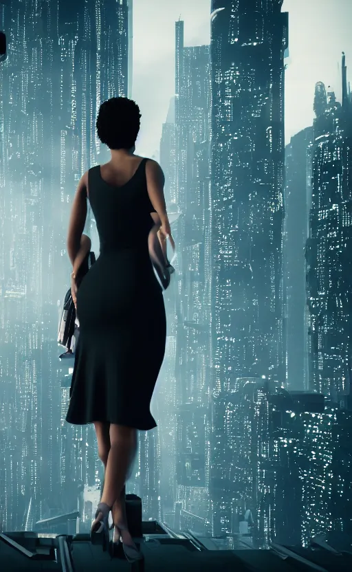 Image similar to an elegant Black woman in dress and heels, her back is to us, looking at a futuristic Blade Runner city, 8K