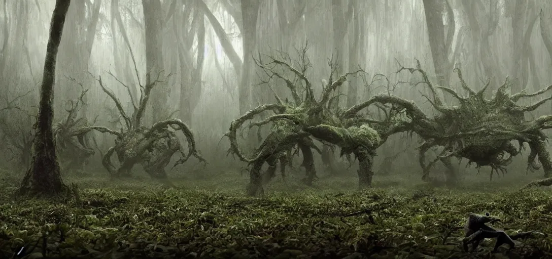 Image similar to a complex organic fractal 3 d metallic symbiotic ceramic humanoid megastructure creature in a swampy lush forest, foggy, cinematic shot, photo still from movie by denis villeneuve