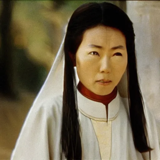 Prompt: Priest Tripitaka played by Masako Natsume on a pilgrimage to India to fetch holy scriptures and save the world, IMAX Movie Still