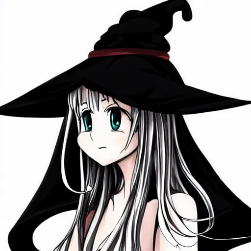 Image similar to an anime drawing of a happy woman in a very large oversized witch hat, anime styled, cute