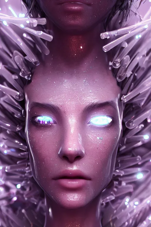 Prompt: skin concept, biopunk, in full growth, magical smoky translucent luminous sparkling crystals, many details, 3 d, cinematic, hyper realism, high detail, octane render