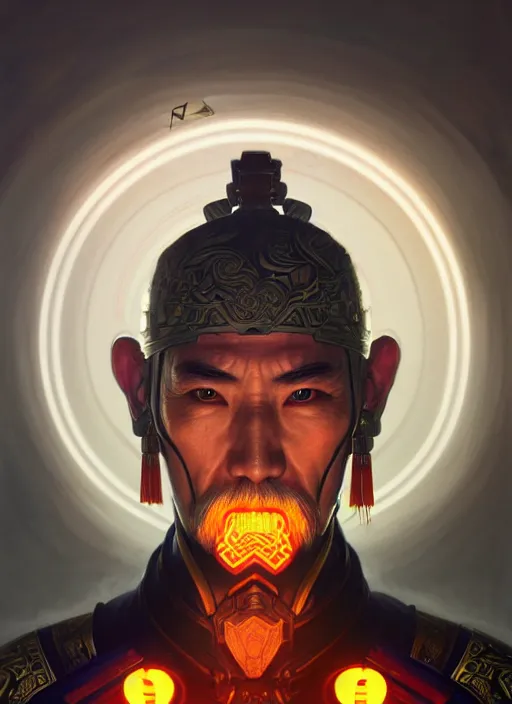 Image similar to symmetry!! portrait of old chinese warrior, tech wear, glowing lights!! intricate, elegant, highly detailed, digital painting, artstation, concept art, smooth, sharp focus, illustration, art by artgerm and greg rutkowski and alphonse mucha