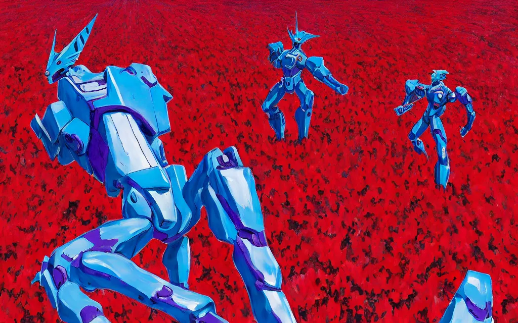 Prompt: impressionist painting of Evangelion Unit 01 standing in a red field