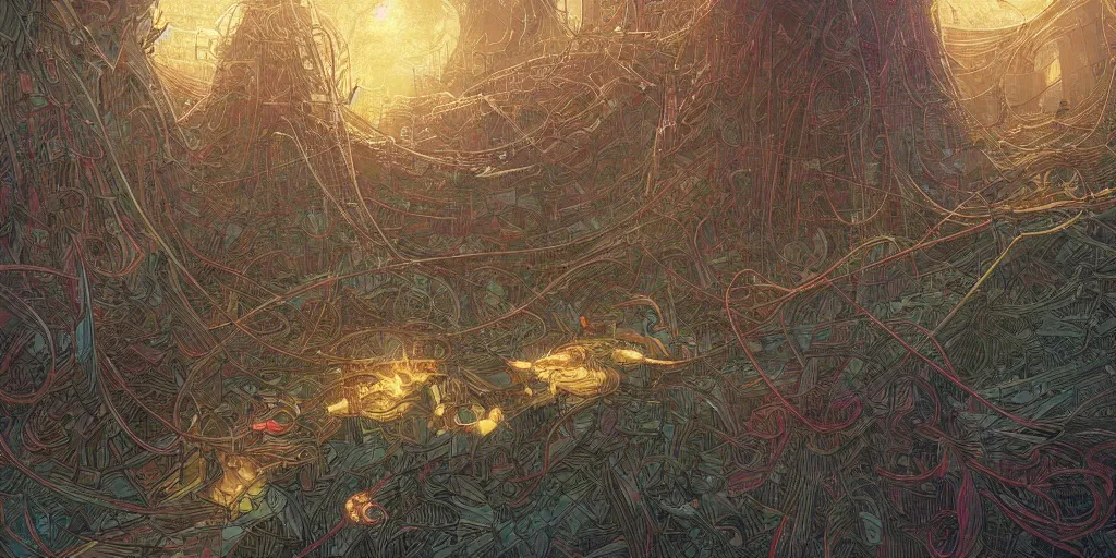 Prompt: incredible concept art of multiple plots and threads interweaving into a holodeck like structure, audience, cinematic, cinema, amazing detail, by moebius and mohrbacher,