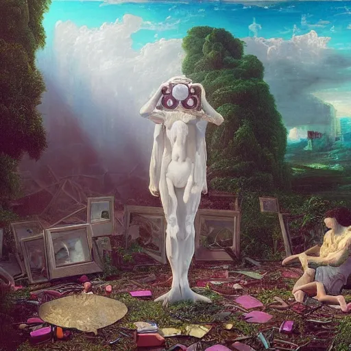 Prompt: dj rave party, hyperrealistic surrealism, dreamscape, thomas cole, award winning masterpiece with incredible details, zhang kechun, a surreal vaporwave vaporwave vaporwave vaporwave vaporwave painting by thomas cole of a gigantic broken mannequin head sculpture in ruins, astronaut lost in liminal space, highly detailed, trending on artstation