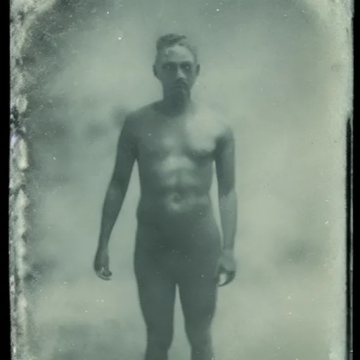 Prompt: tintype photo, swimming deep underwater, alien