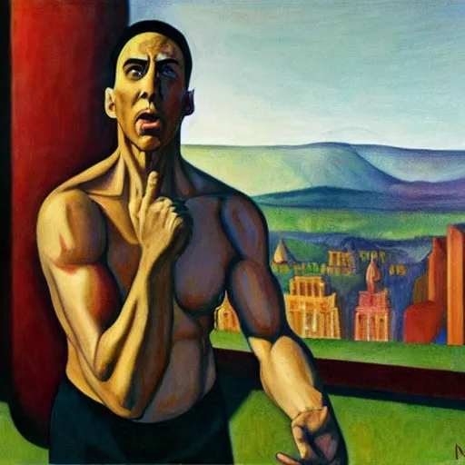 Image similar to nicolas cage as triumphant sweaty muscular centaur with a halo, dystopian, pj crook, edward hopper, oil on canvas