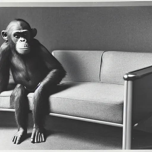 Prompt: photo of a chimpanzee wearing a cowboy hat sitting on le corbusier couch, 5 0 mm, beautiful photo