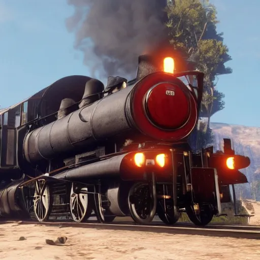 Image similar to futuristic sleek steam locomotive in red dead redemption 2