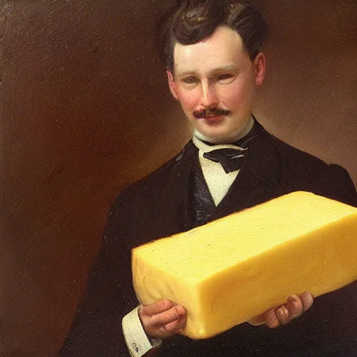 Image similar to victorian oil painting of a man with a piece of cheese for a head, 4 k, high octane