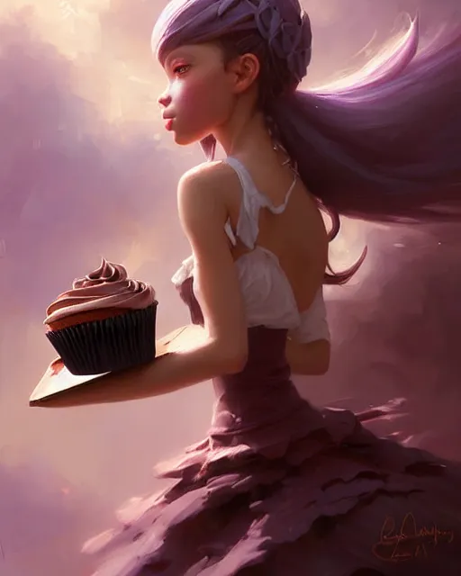 Prompt: a ( ( girl as personification of chocolate cupcake ) ), beauty, fantasy bakery, digital painting by krenz cushart, greg rutkowski, artgerm, laurie greasly, wlop, intricate, highly detailed!!, sharp focus, smooth, epic composition, joyful, unreal engine, masterpiece, 8 k