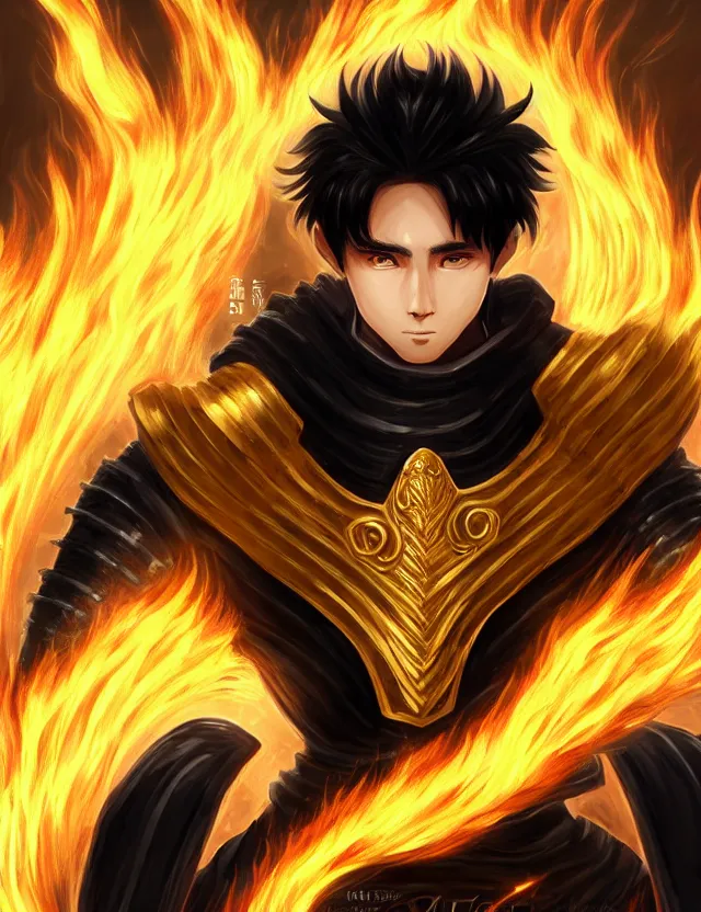 Image similar to a detailed manga portrait of a black haired man with hazel eyes in gleaming golden armour that burns with golden fire, trending on artstation, digital art, 4 k resolution, detailed, high quality, sharp focus, hq artwork, coherent, insane detail, character portrait