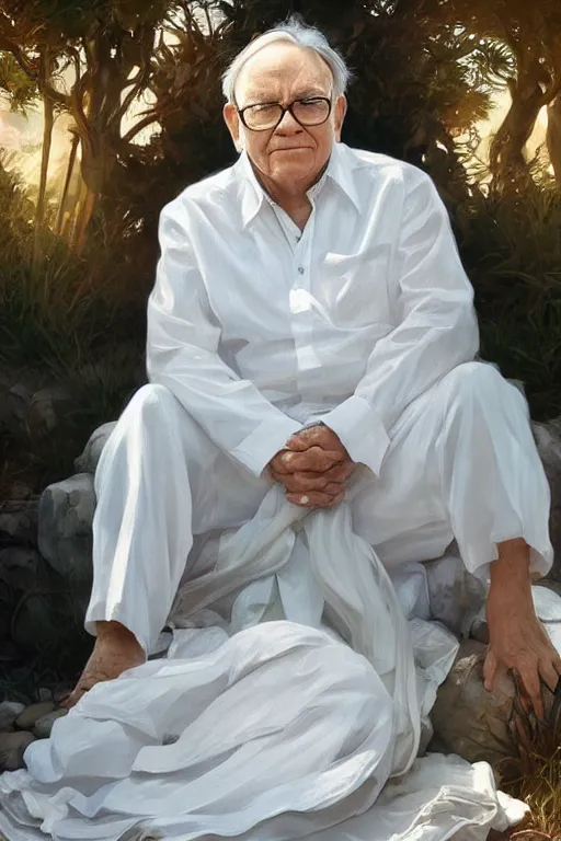 Prompt: warren buffet godly white clothes meditating in the sun, blank lighting ultra realistic photorealistic highly detailed high quality, a stunningly, digital painting, artstation, concept art, smooth, sharp focus, illustration, art by artgerm and greg rutkowski and alphonse mucha 8 k