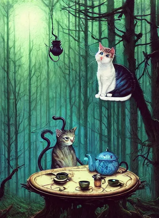 Image similar to cat having tea with a witch in the woods gorgeous lighting, lush forest foliage blue sky a hyper realistic painting by chiara bautista and beksinski and norman rockwell and greg rutkowski weta studio, and lucasfilm