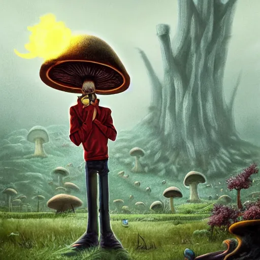 Image similar to a centered chest up portrait of a psychedelic demonic anthropomorphic mushroom smoking a hand - rolled cigarette smoking heavily, magic mushroom village in background. award winning. superb resolution. in the art style of junji ito and greg rutkowski. detailed mushroom city in background. hyper realistic anime. perfect art. dalle 2