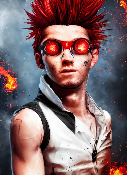 Image similar to An epic fantasy comic book style portrait painting of young man with long red spiked hair. Wearing a black waistcoat, white shirt, using googles. Blasting fire on his hands. Unreal 5, DAZ, hyperrealistic, octane render, cosplay, RPG portrait, dynamic lighting