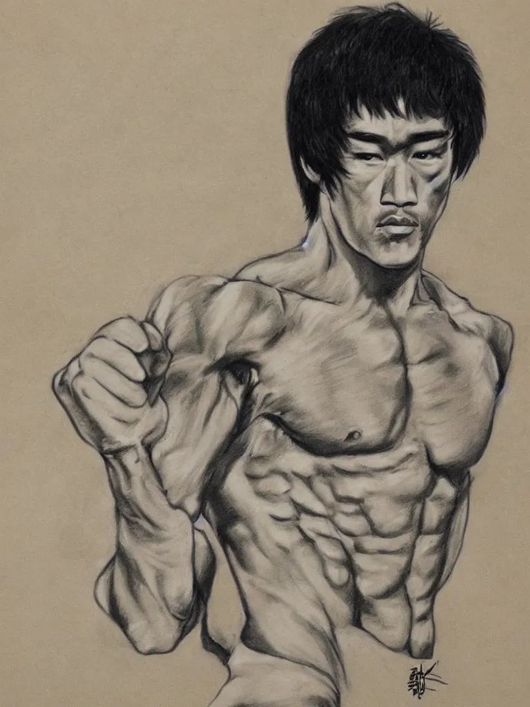 Prompt: A photorealistic portrait of a BRUCE LEE, sketched, ancient background