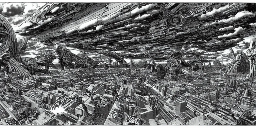 Image similar to wide angle photo view the surface of a alien green planet with many giant bird creatures flying, warrior mecha driod on the surface, cyberpunk art by Moebius, HR giger, mc escher, retrofuturism, matte painting