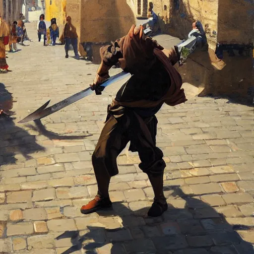 Image similar to greg manchess portrait of a man falling over a sword stuck between cobblestones, profile picture, organic painting, sunny day, matte painting, bold shapes, hard edges, street art, trending on artstation, by huang guangjian, gil elvgren, ruan jia, randy vargas, greg rutkowski