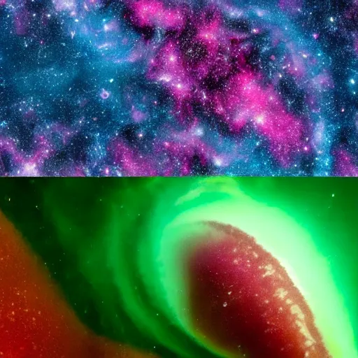 Image similar to a photo split into three horizontal sections. the top layer is the auora borealis. the middle layer is a mix between a giant squid, killer whale, and crab which swims under water amongst a school of colorful fish. the bottom layer is galaxies of outer space. 4 k, realistic