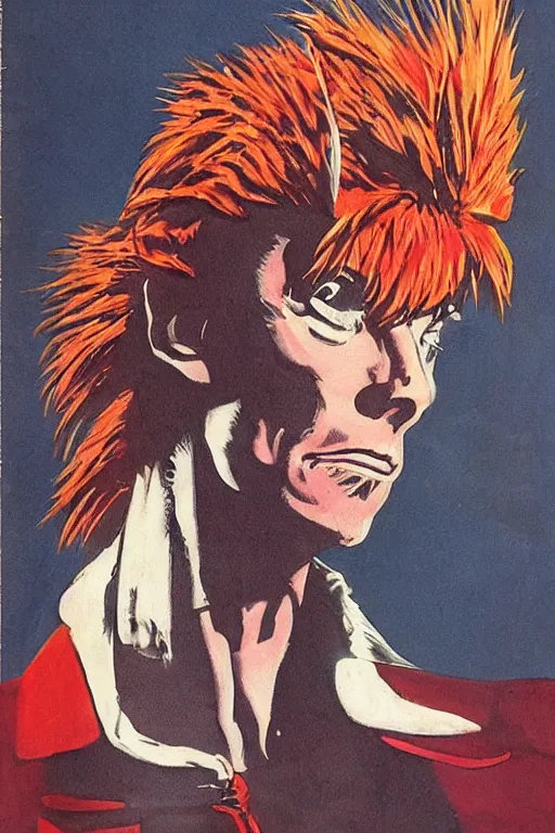 Image similar to scifi portrait of a rooster as David Bowie. McGinnis, pulp comic style, circa 1958, photorealism