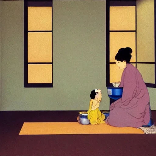 Image similar to A beautiful installation art harmony of colors, simple but powerful composition. A scene of peaceful domesticity, with a mother and child in the center, surrounded by a few simple objects. Colors are muted and calming, serenity and calm. stuckism, rendered in octane by Rumiko Takahashi, by Charles Robinson