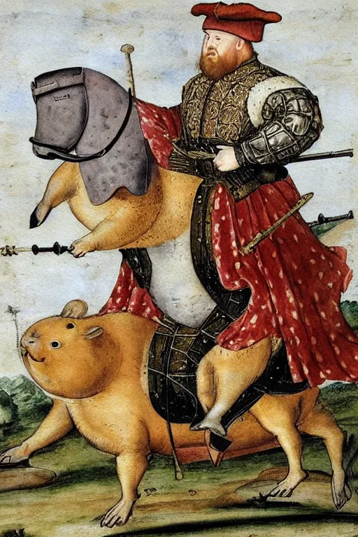 Prompt: Henry VIII riding a giant hamster into battle, water color, painted by Cornelis Anthonisz, 16th century,