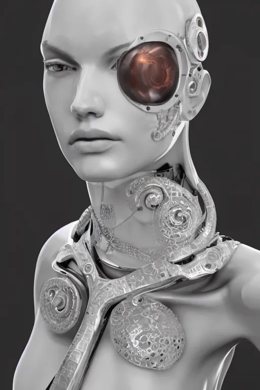 Image similar to white cyborg fashion shot, copper spiral decorations, white elegant baroque design, smooth heads, headshot half figure, photorealistic, 8k, hyper detailed, unreal engine, trending on artstation,