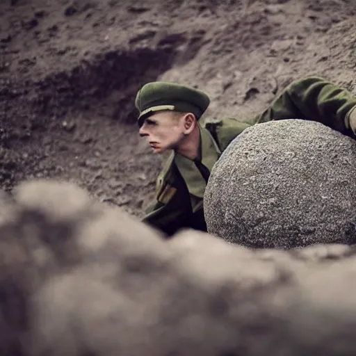 Image similar to cat with soviet army clothes mid war using a boulder as cover, war field, destruction, cinematic, epic, dramatic