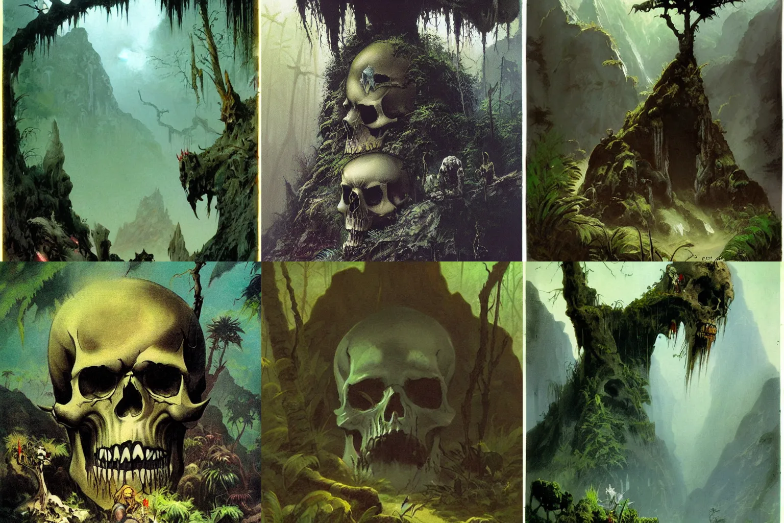 Prompt: frazetta skull cave in foggy jungle