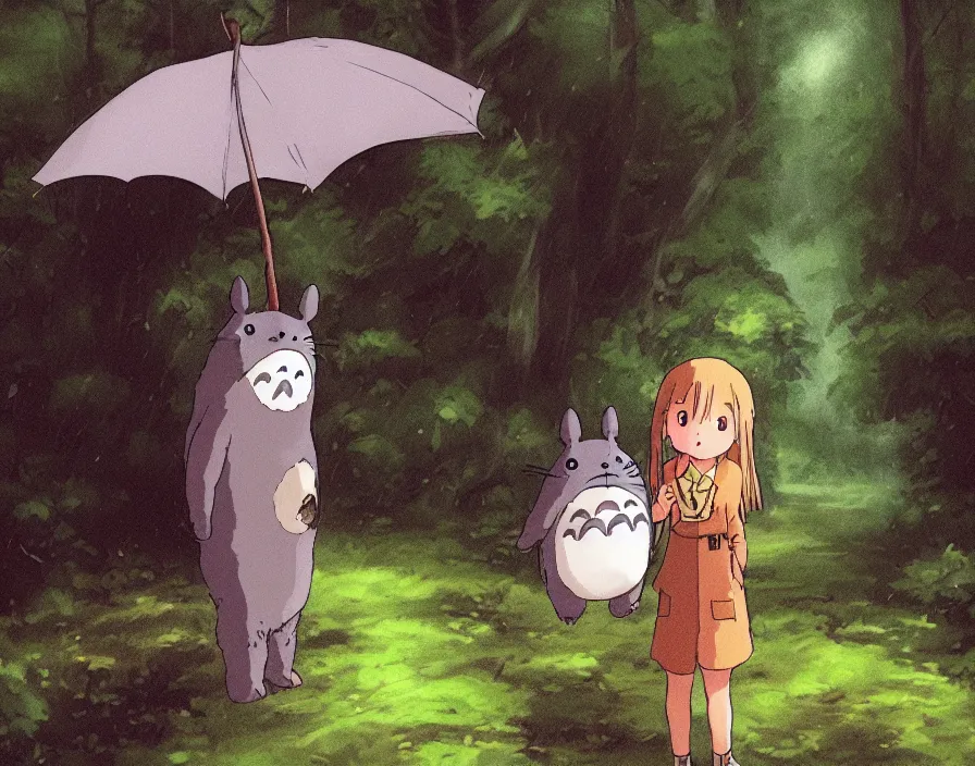 Image similar to A female Retzling with short blond air, standing with Totoro at a japanese bus stop, holding an umbrella, in the dark forest, rainy night, film screenshot, Studio Ghibli, Hayao Miyazaki,trending on artstation, —TEST