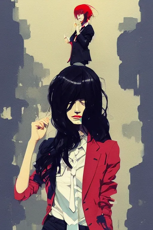 Image similar to a ultradetailed beautiful panting of a stylish woman wearing a shirt with a tie, she has black hair, by conrad roset, greg rutkowski and makoto shinkai, trending on artstation