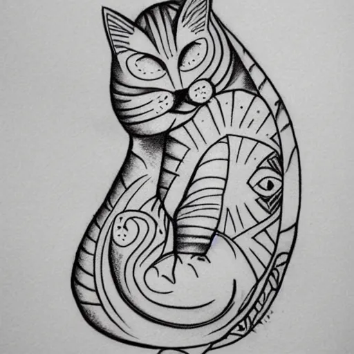 Image similar to tattoo sketch on yellow paperp, polynesian style, cat hugging the sun, maori