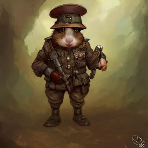 Image similar to cute little anthropomorphic Guinea Pig ww1 soldier, tiny, small, short, military outfit, cute and adorable, pretty, beautiful, DnD character art portrait, matte fantasy painting, DeviantArt Artstation, by Jason Felix by Steve Argyle by Tyler Jacobson by Peter Mohrbacher, cinema