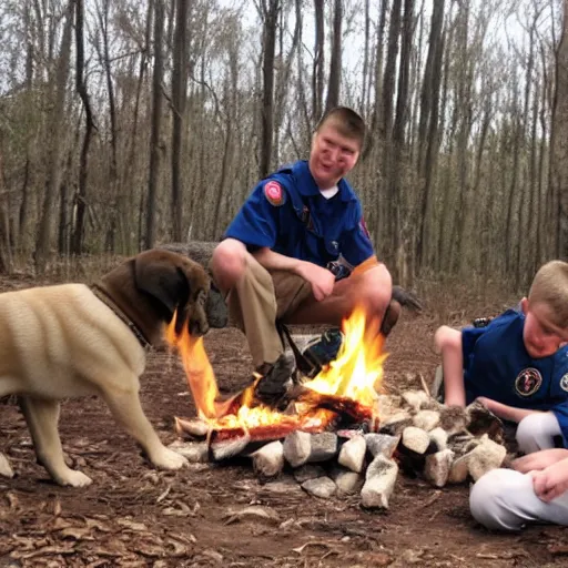 Image similar to puppies that are Boy Scouts building a campfire