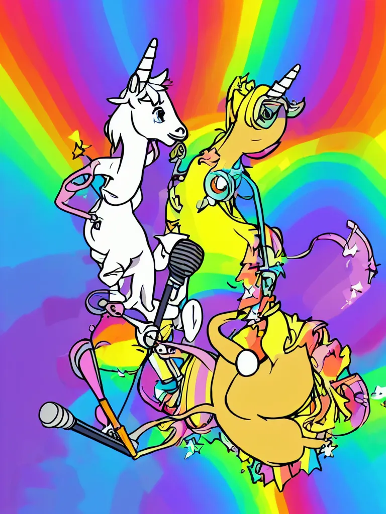 Prompt: a cartoon rainbow beat boxing unicorn on stage holding a microphone