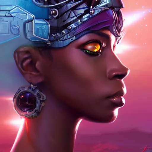 Prompt: african space pirate, science fiction, highly detailed, digital painting, beautiful eyes, symmetry, concept art, sharp focus, illustration, global illumination, radiant light, synthwave colors, detailed and intricate environment, art by artgerm and greg rutkowski and magali villeneuve and ilya kuvshinov!