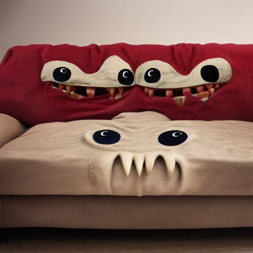 Prompt: a couch with teeth and eyes who eats people