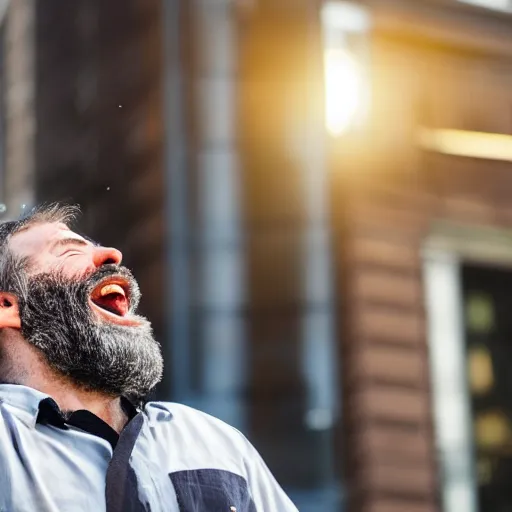 Prompt: middle - aged bearded man in downtown seattle looking up at the sky and holding two large coffee mugs and yelling with electricity shooting out of his eyes and laughing madly ; meanwhile fountains of coffee pour in a black stream from the heavens into his mugs, splashing coffee everywhere, highly detailed photorealistic