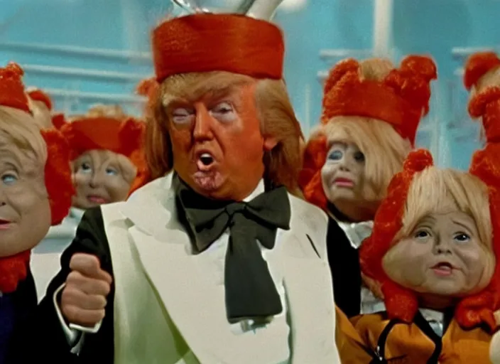Image similar to film still of Donald Trump as a oompa loompa in Willy Wonka's and the Chocolate Factory 1971